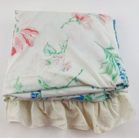 VTG Lady Pepperell KING FLAT Sheet Wild Flower Butterflies Floral Ruffle Cottage - Picture 1 of 14